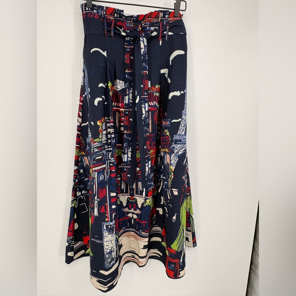 HER DESTINY Skirt A-Line with Sash Waist Navy Paris Scene Print Women’s Medium